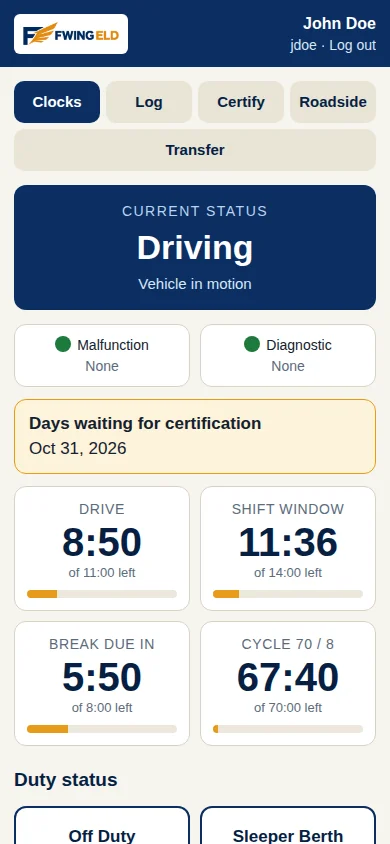 The FWING ELD app home screen: the driver's current status, the four hours clocks, and the malfunction and diagnostic lights.